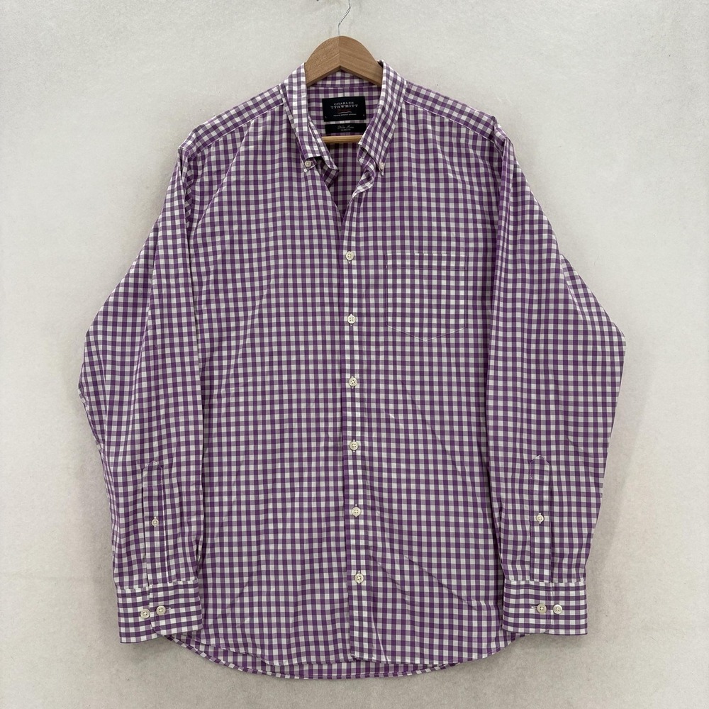 Charles Tyrwhitt Weekend Shirt Mens L Purple Check Long Sleeve Non Iron Slim Fit